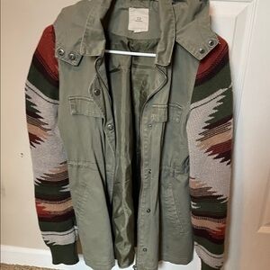 Thread & Supply Olive Green Jacket with Multicolor Aztec Knit Sleeves